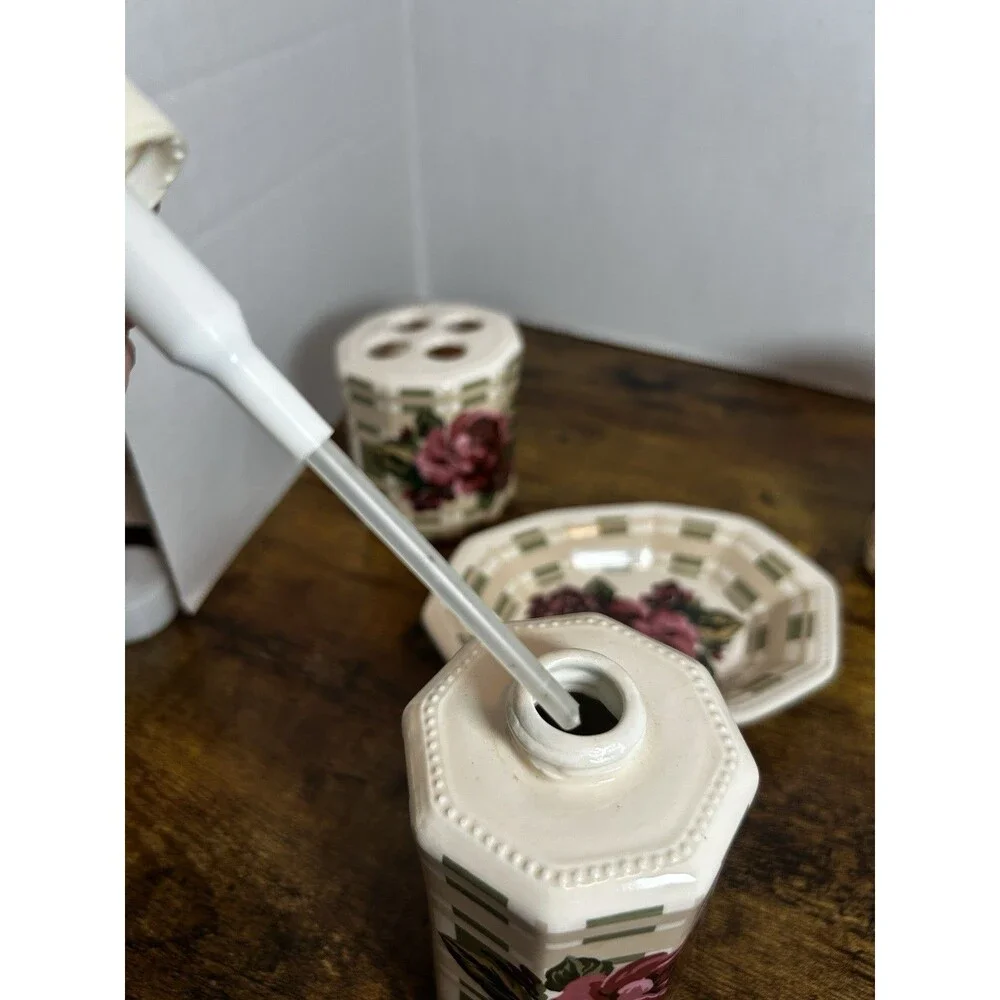 Vintage Water Works Co Floral Rose 4 Pc Ceramic Bathroom Vanity Set Cottagecore